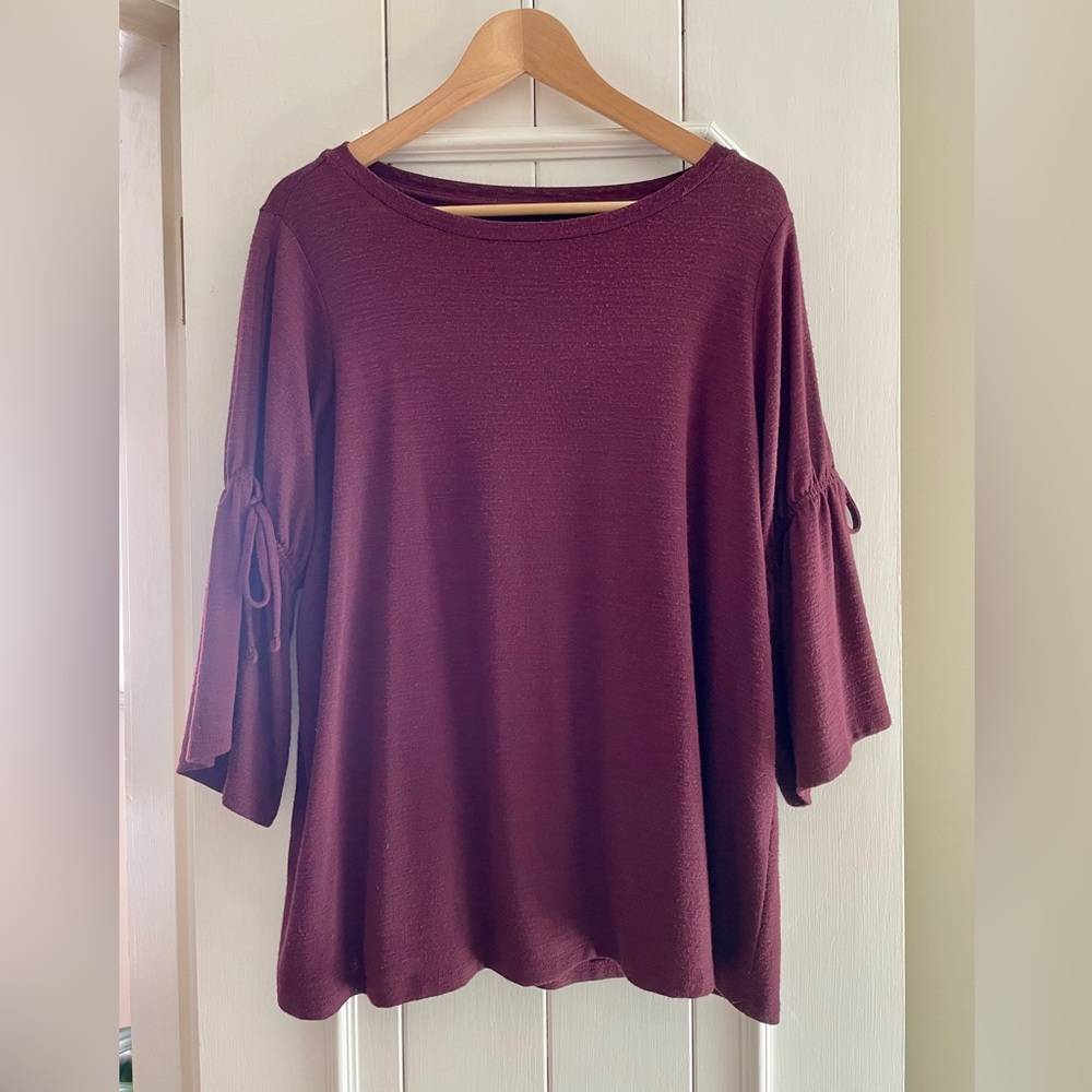 LOFT Women's Burgundy Split Tie Sleeve Knit Blouse Top